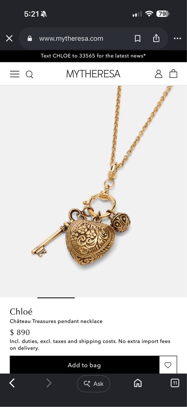 NEW/Giftable Chloé Château Treasures pendant necklace heart brass authenticated
